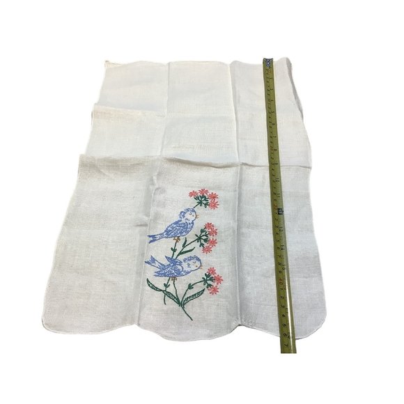 Vintage Linen Napkin Cross Stitch Embroidered Cream Floral Blue Jays 18" x 12" - Picture 8 of 9